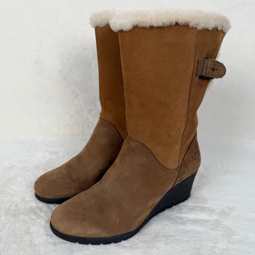 UGG Edelina Womens Suede Wool Wedge Pull-on Boots Size 8 Plush Chestnut Brown